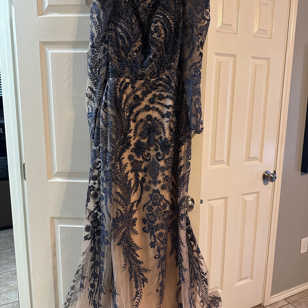 Elegant Blue Lace Beaded Evening Gown Size 14